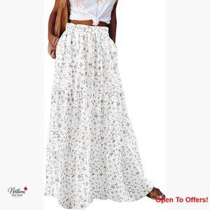 Polyester Maxi Skirt with Elastic Waist Pockets A-Line Pleated
